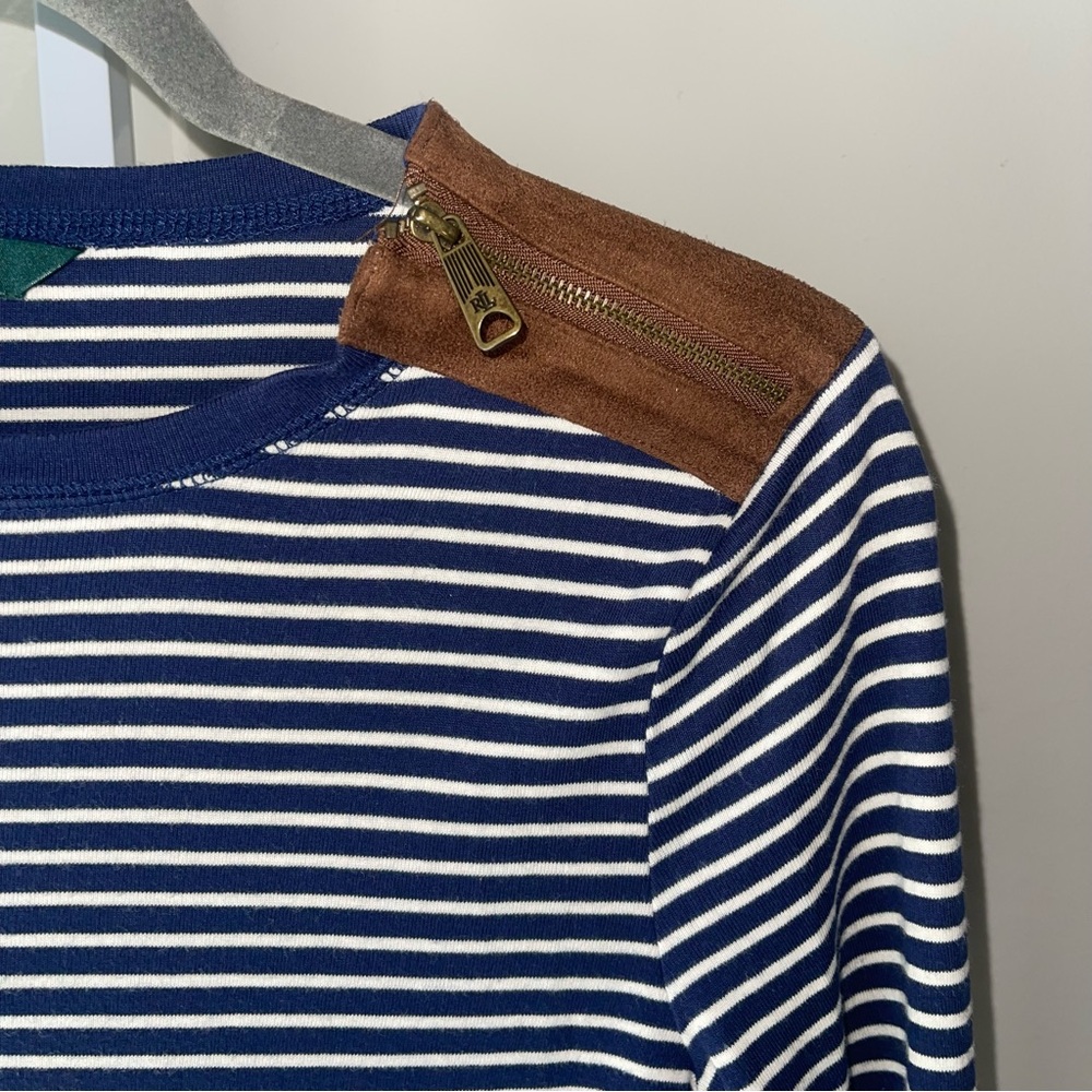Lauren Ralph Lauren Navy White Striped Long Sleeve Top Suede Elbow Patches M - Picture 2 of 5
